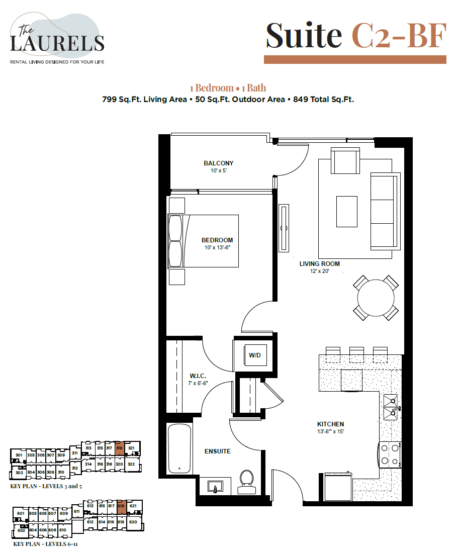 Floor plan for 1 bed, 1 bath, 799 sqft